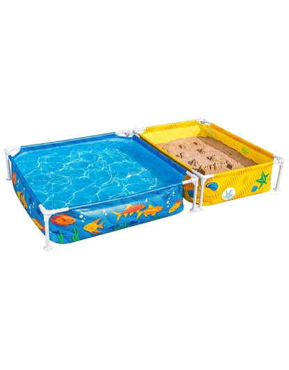 Bestway 561CF frame pool and sandpit set side by side, one filled with water and the other with sand
