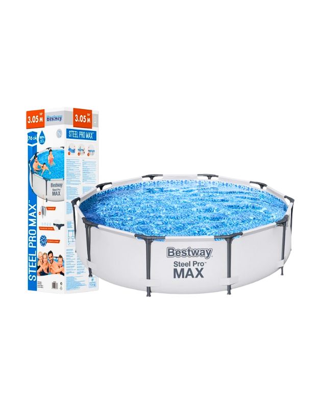 Bestway 56406 Steel Pro MAX pool 305x76cm shown with packaging box beside it, highlighting product features
