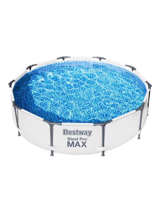 Bestway 56406 Steel Pro MAX round above ground pool 305x76cm filled with water, white frame and blue mosaic inner liner.