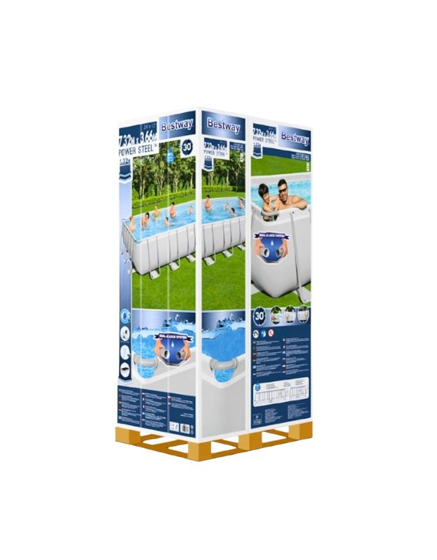 Retail packaging box of Bestway 564752 Power Steel rectangular above ground swimming pool set