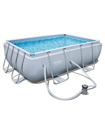 Bestway 56629 Power Steel rectangular above ground swimming pool filled with water, showing sturdy steel frame support.