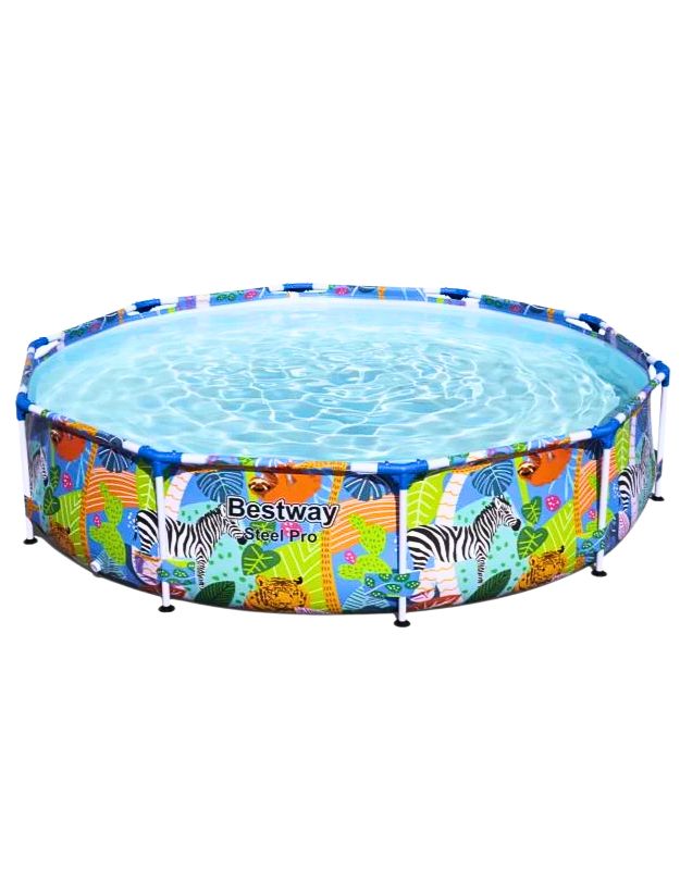 Empty Bestway Steel Pro Jungle 305x66cm pool showing water-filled structure with zebra and jungle print design.