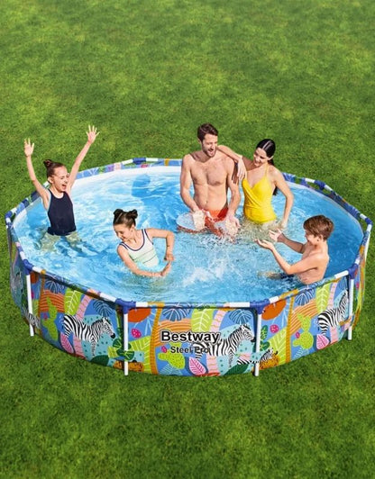 Family enjoying in Bestway Steel Pro Jungle 305x66cm round above-ground pool with colorful jungle design.