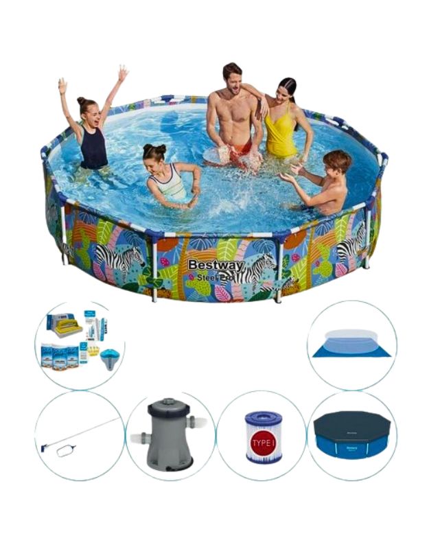 Bestway Steel Pro Jungle 305x66cm pool set with included accessories like filter pump, cover, and cleaning kit