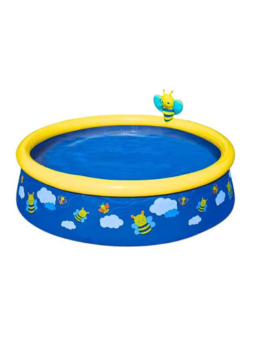 Bestway 57326 Fast Set Spray Pool filled with water, showing its yellow rim and blue bee-themed design
