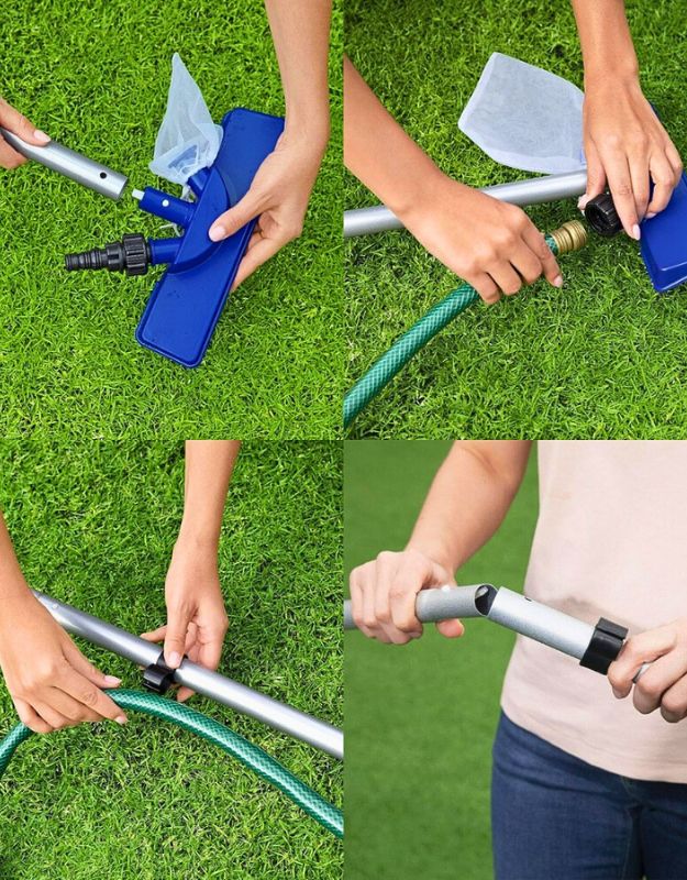 Assembly process of Bestway 58013 pool cleaning kit with vacuum head, hose, and telescopic pole
