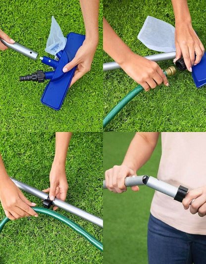 Assembly process of Bestway 58013 pool cleaning kit with vacuum head, hose, and telescopic pole