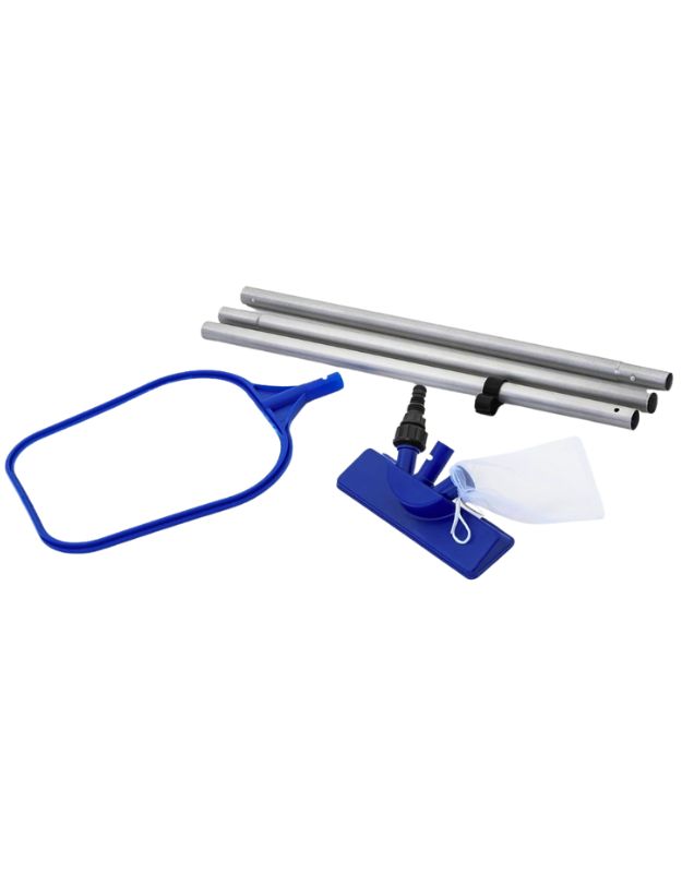 Complete Bestway 58013 pool cleaning kit with detachable vacuum head, skimmer net, poles, and mesh bag.