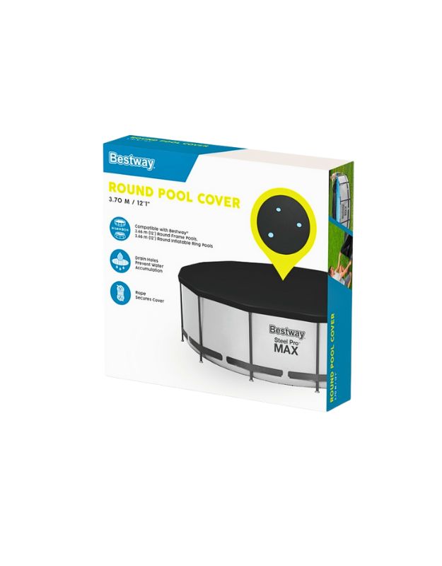 Bestway Flowclear 58037 round pool cover retail packaging, 370 cm size for Steel Pro Max pools