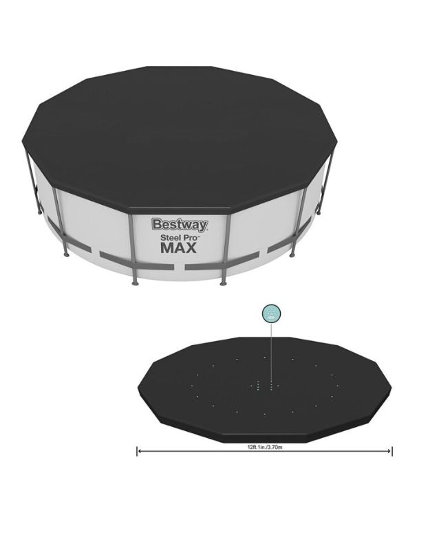 Bestway Flowclear round black pool cover fitted on Steel Pro Max frame pool, 370 cm.
