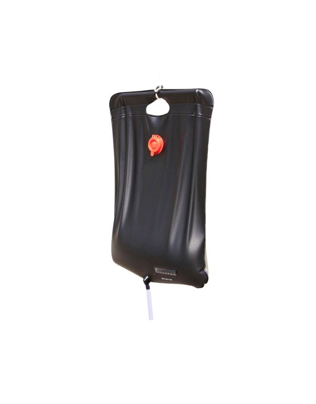 Black 20L Bestway 58224 solar-heated shower bag with red cap and hanging handle.