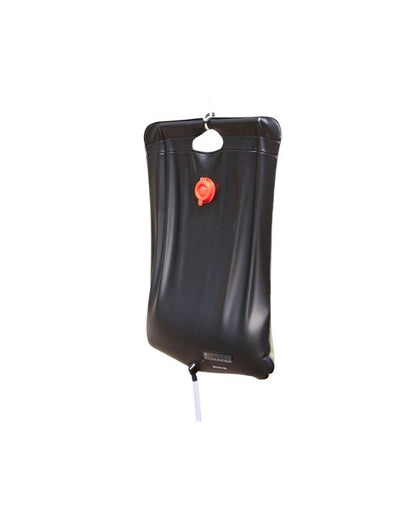 Black 20L Bestway 58224 solar-heated shower bag with red cap and hanging handle.
