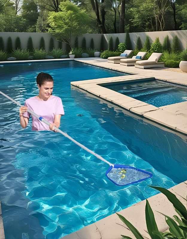 Woman cleaning swimming pool with Bestway 58659 AquaScoop skimmer collecting leaves.