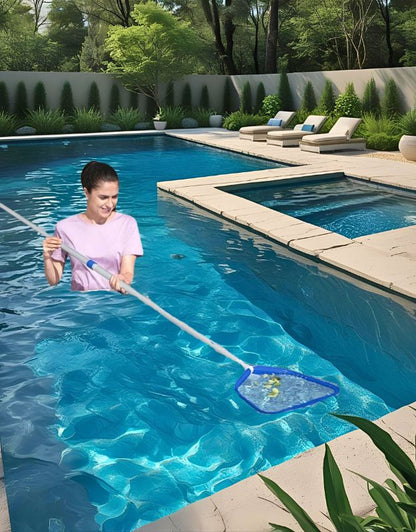 Woman cleaning swimming pool with Bestway 58659 AquaScoop skimmer collecting leaves.