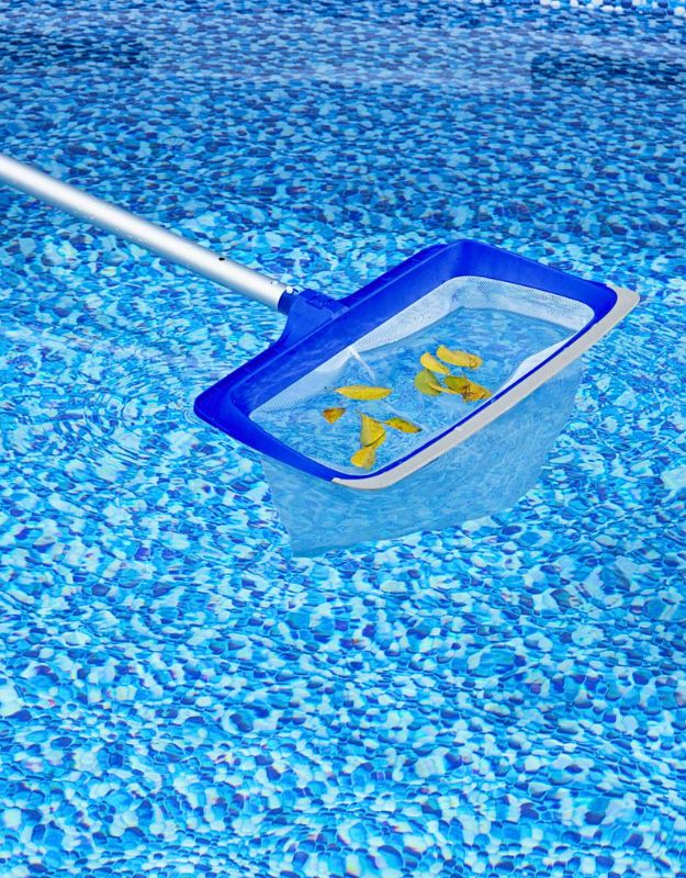 Bestway 58660 leaf collector net skimming yellow leaves from pool water