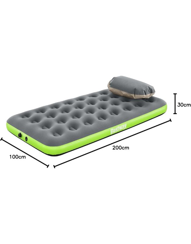 Bestway inflatable single mattress with dimensions 200 x 100 x 30 cm and pillow.