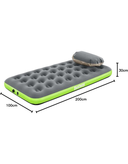 Bestway inflatable single mattress with dimensions 200 x 100 x 30 cm and pillow.