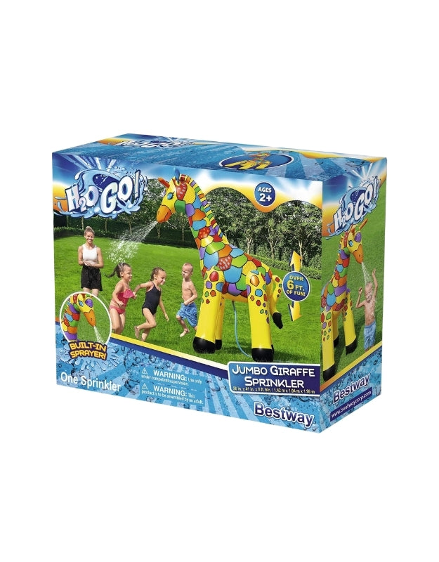 Bestway Jumbo Giraffe inflatable sprinkler with water spraying from its head