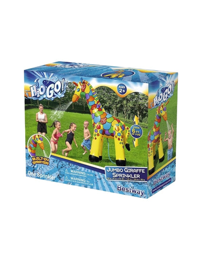 Bestway Jumbo Giraffe inflatable sprinkler with water spraying from its head