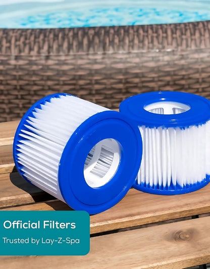 Two Lay-Z-Spa VI filter cartridges placed outdoors near a hot tub with “Official Filters” text.