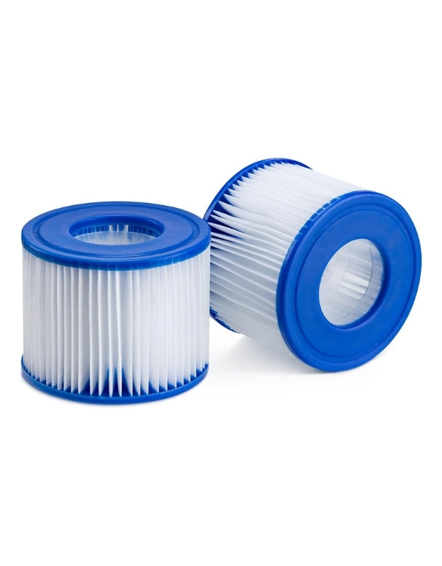 Two Bestway Lay-Z-Spa VI filter cartridges with blue edges shown separately.
