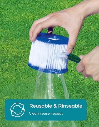 Lay-Z-Spa VI filter cartridge being rinsed under running water with reusable and rinseable feature highlighted.