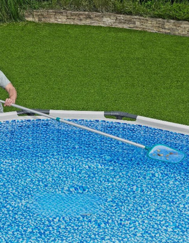 Bestway pool skimmer net being used to clean a swimming pool.