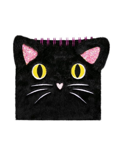 Black cat-shaped notebook with pink ears and yellow eyes on a white background