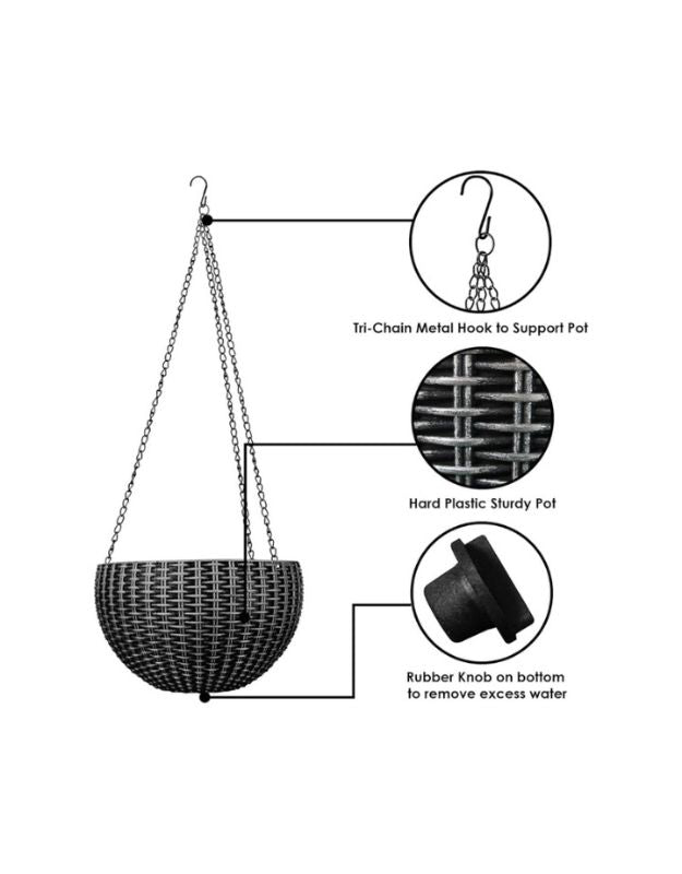 Black hanging planter basket with metal chain and drainage plug.