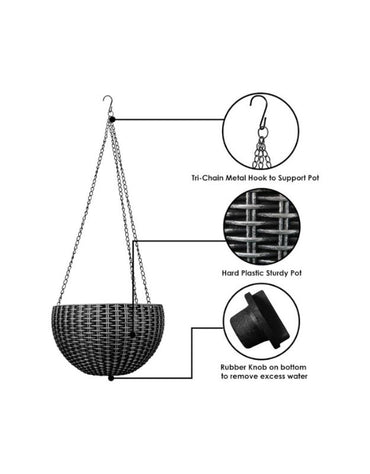 Black hanging planter basket with metal chain and drainage plug.