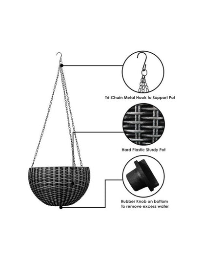 Black hanging planter basket with metal chain and drainage plug.