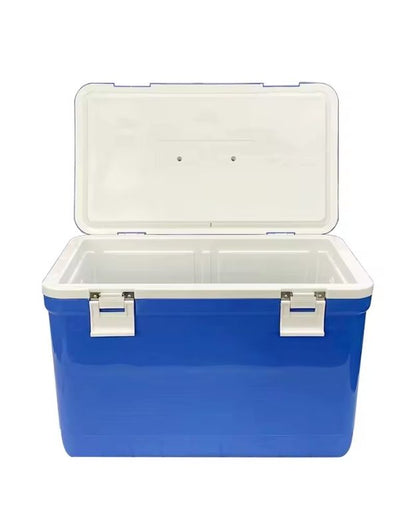 Blue cooler box open showing spacious insulated interior.