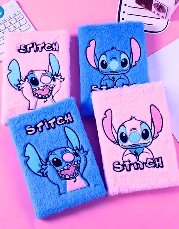 Four plush toys with 'Stitch' design on a pink background