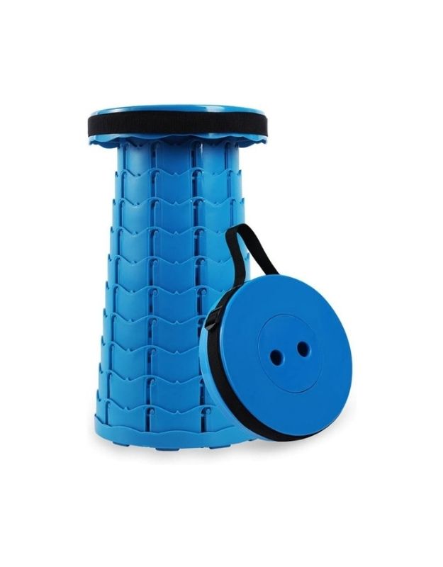 A blue foldable telescopic stool with adjustable height mechanism, shown disassembled into three components.