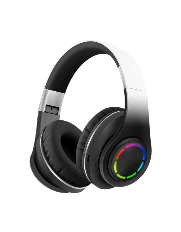 A pair of purple wireless headphones with multicolored LED lights on the ear cups.