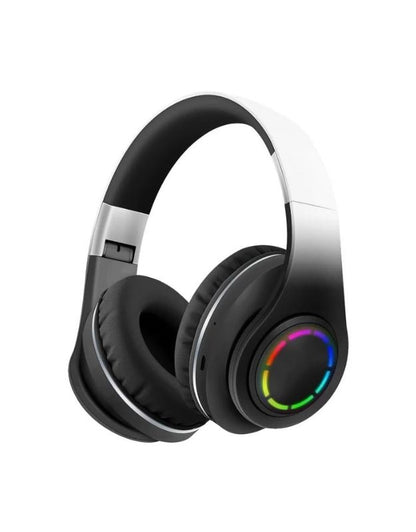 A pair of purple wireless headphones with multicolored LED lights on the ear cups.