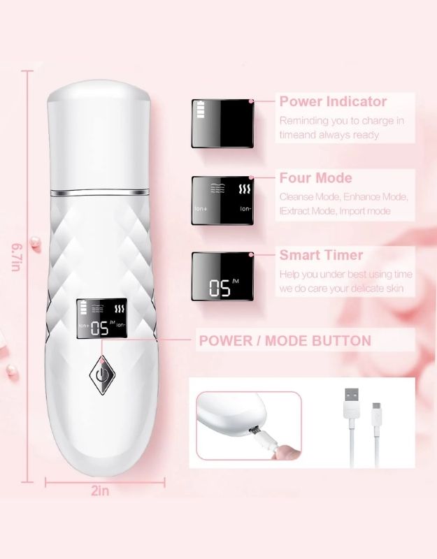 Rechargeable ultrasonic skin scrubber with LCD display, ion cleanse and massage modes.