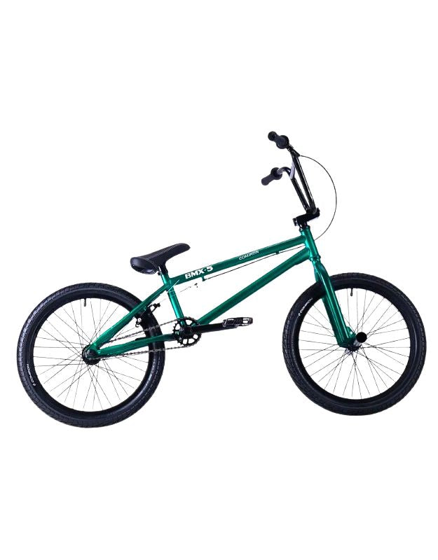 BMX 20 inch carbon steel frame bicycle in dark green with freestyle design.