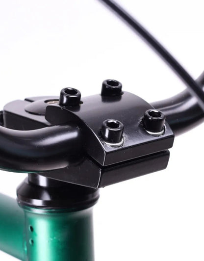 Close-up of BMX 20 inch carbon steel bicycle handlebar stem and bolts.