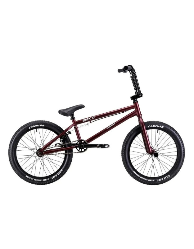 BMX 20 inch carbon steel frame bicycle in maroon with freestyle tires