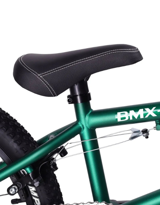 Close-up of padded saddle seat on BMX 20 inch carbon steel frame bicycle