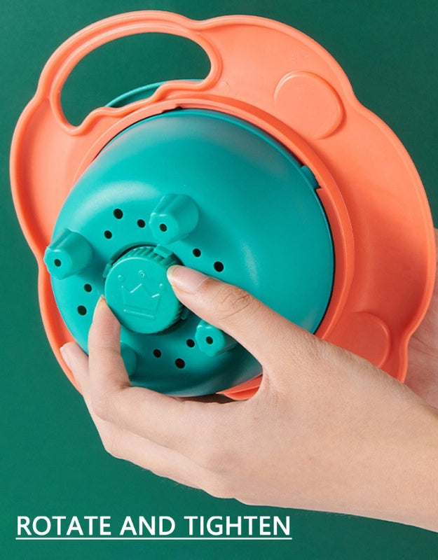 Close-up view of the rotating mechanism underneath the bowl with instructions to rotate and tighten.