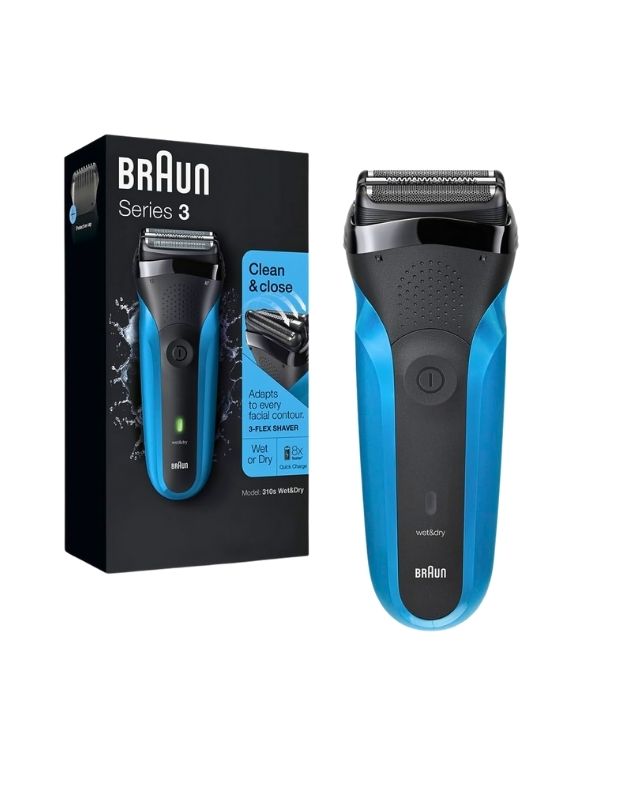 Braun 310s Series 3 rechargeable wet and dry electric shaver with box packaging, blue and black design