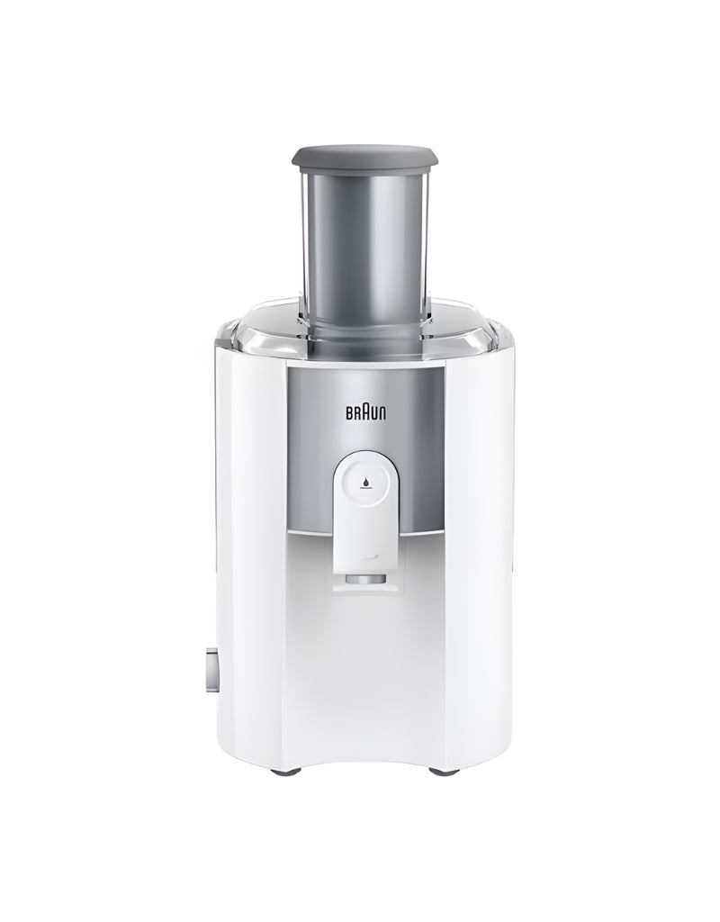 Braun J500 Identity Collection white juicer front view – sleek stainless steel and plastic finish