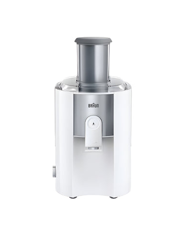 Braun J500 Identity Collection white juicer front view – sleek stainless steel and plastic finish