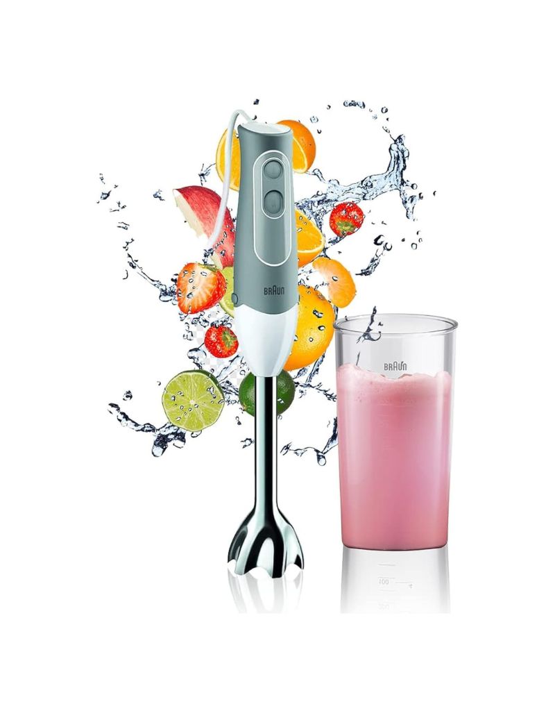 Braun MultiQuick 5 Hand Blender with fruit splash background and smoothie glass