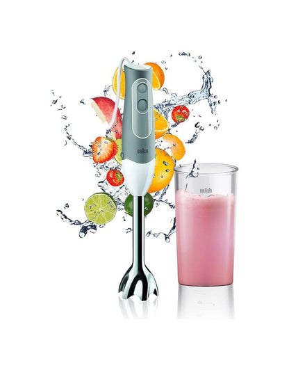 Braun MultiQuick 5 Hand Blender with fruit splash background and smoothie glass