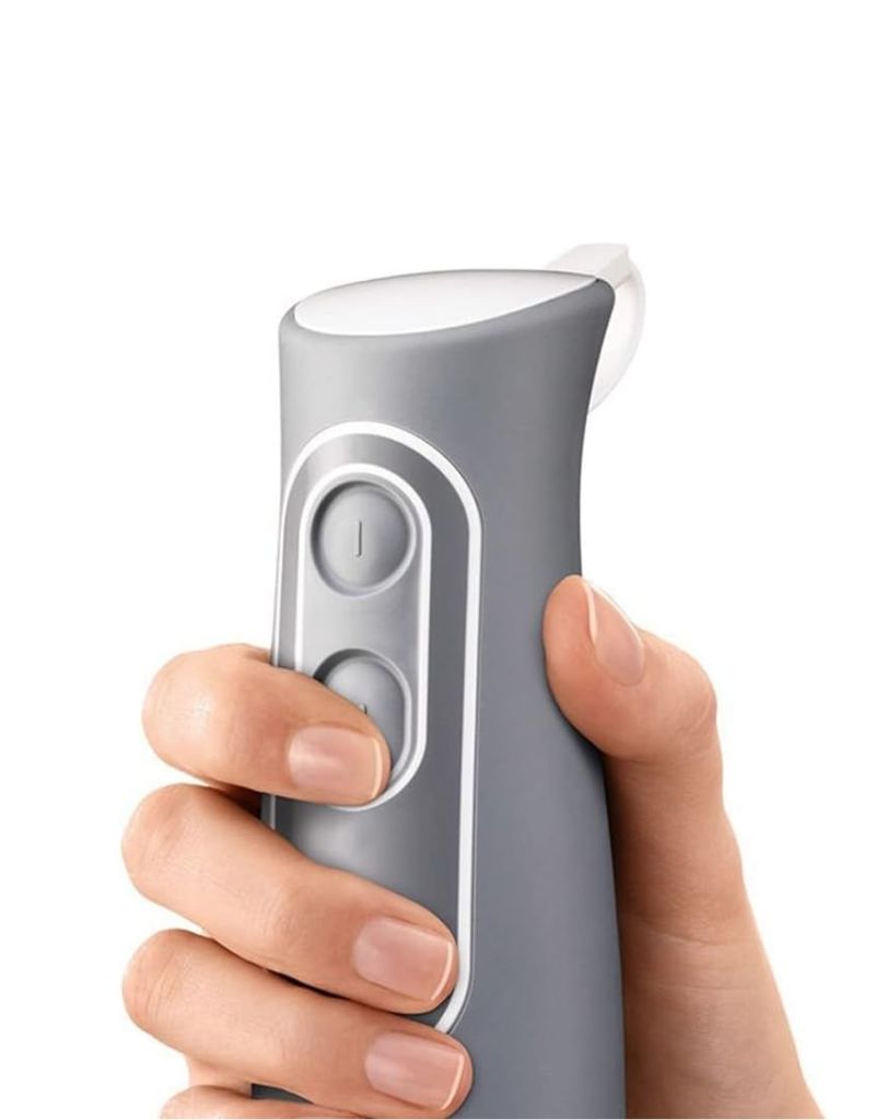Close-up of Braun MultiQuick 5 Hand Blender ergonomic handle and control buttons