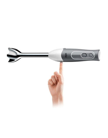 Lightweight Braun MultiQuick 5 Hand Blender balanced on fingertip showing easy handling