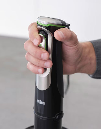 Close-up of Braun Multiquick 9 Hand Blender iMode control button and ergonomic grip